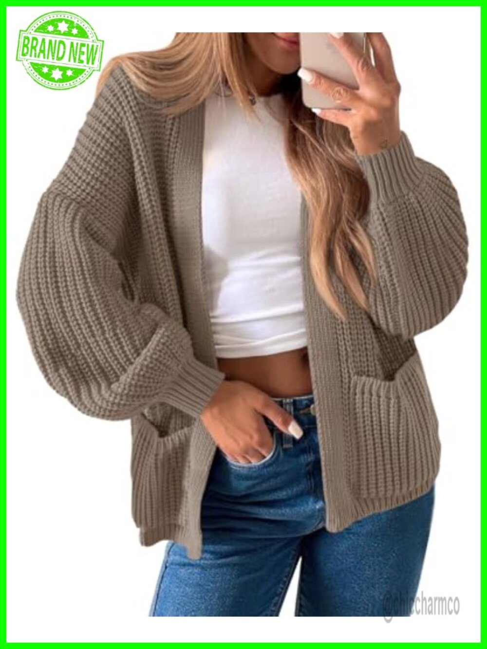 Oversized Ribbed Chunky Knit Lantern Sleeve Cardigan Sweater Coat